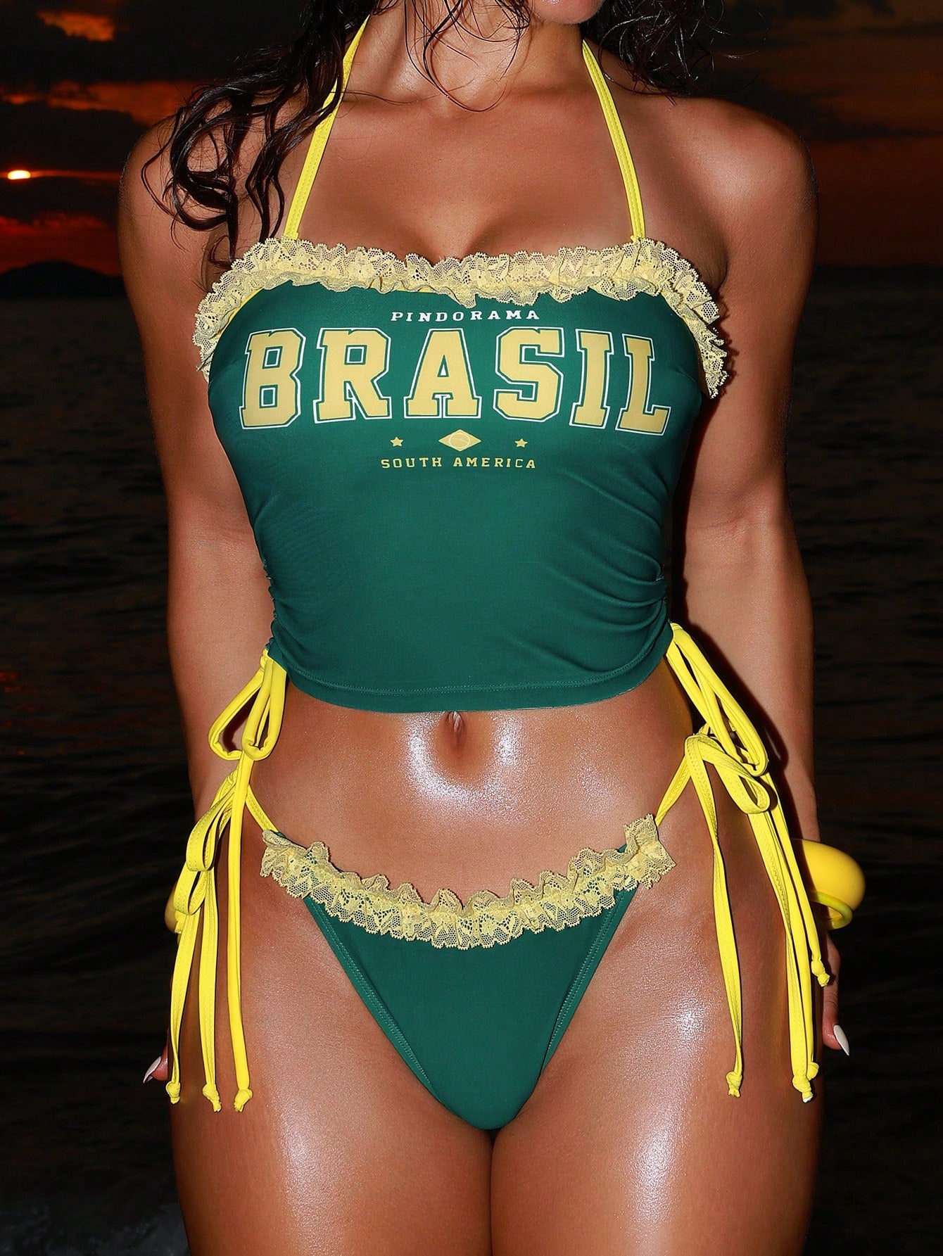 Swim SXY Women's Yellow & Green Brazil Flag Jamaica Beach Vacation Party Bikini Tank Top Camisole, Spaghetti Strap Lace Sexy Cute Hot Girl Style, Suitable For Outdoor Wear
