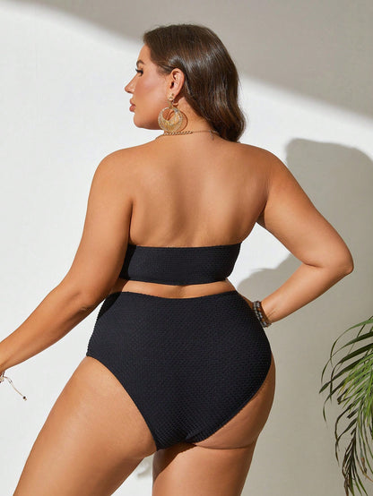 Swim Vcay 2026 New Plus Size Blue & White Striped Textured Fabric Bandeau Top & High Waist Triangle Bikini Bottom Casual Premium Minimalist Beach Vacation Women's Swimsuit Set