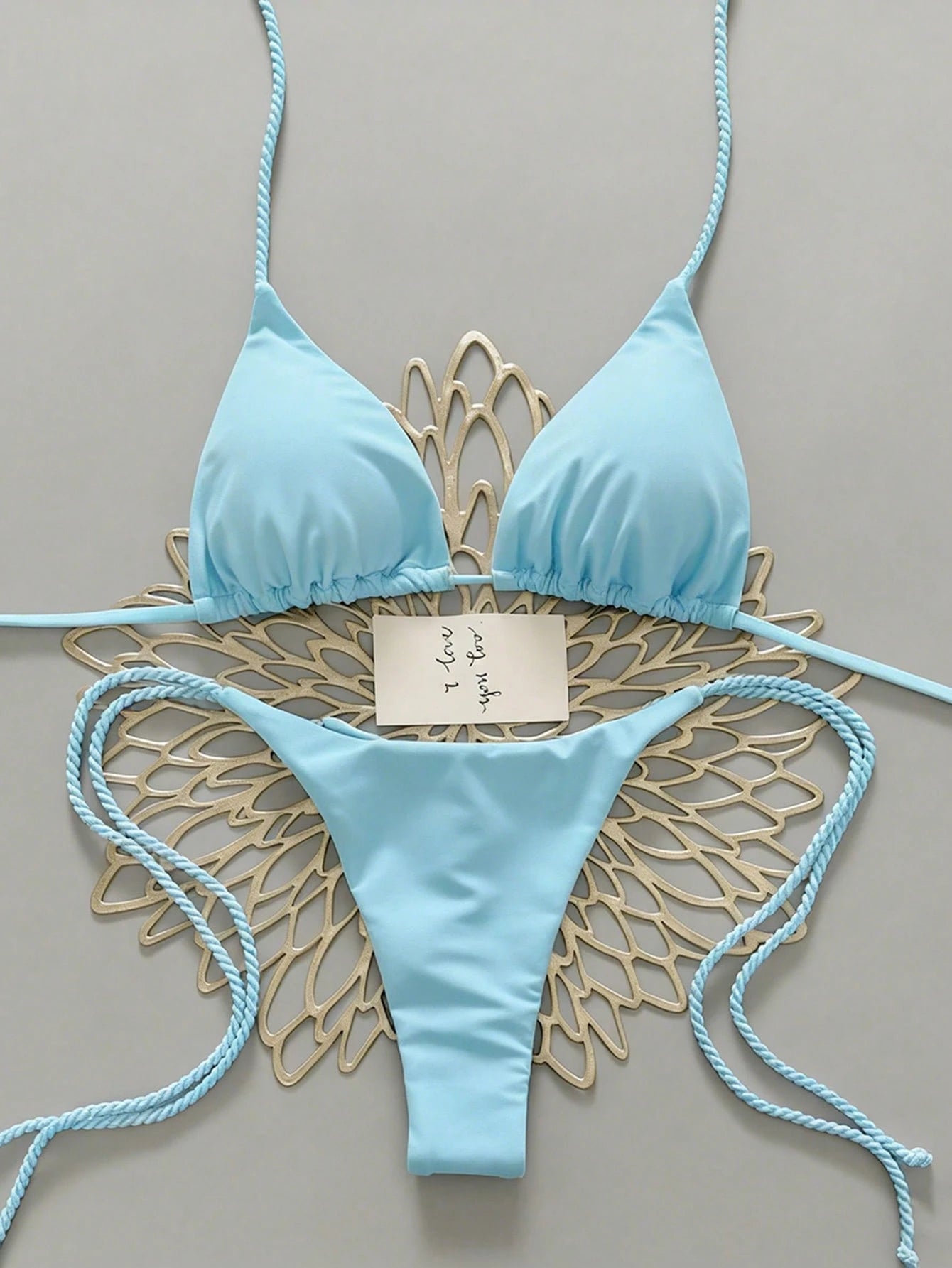 Swim Vcay 2pcs Women Swimwear Set, Mint Green Bikini With Handmade Rope Decor