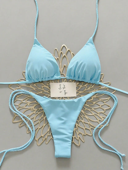 Swim Vcay 2pcs Women Swimwear Set, Mint Green Bikini With Handmade Rope Decor