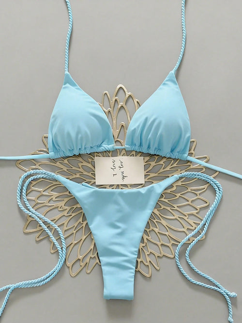 Swim Vcay 2pcs Women Swimwear Set, Mint Green Bikini With Handmade Rope Decor