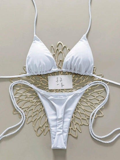 Swim Vcay 2pcs Women Swimwear Set, Mint Green Bikini With Handmade Rope Decor