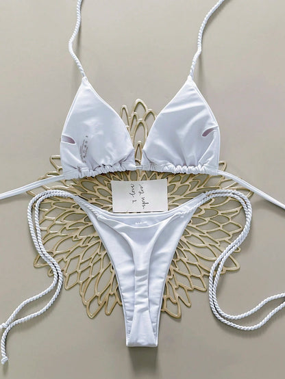 Swim Vcay 2pcs Women Swimwear Set, Mint Green Bikini With Handmade Rope Decor