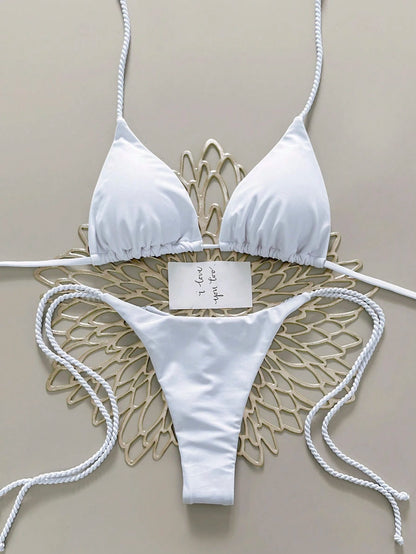 Swim Vcay 2pcs Women Swimwear Set, Mint Green Bikini With Handmade Rope Decor