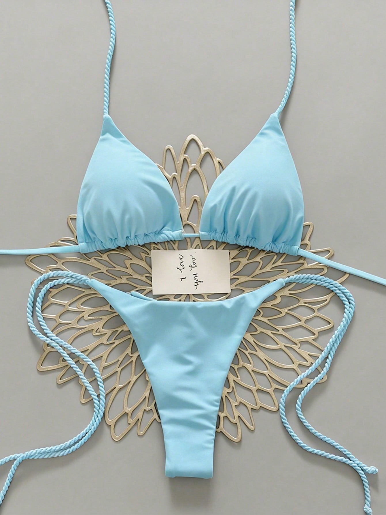 Swim Vcay 2pcs Women Swimwear Set, Mint Green Bikini With Handmade Rope Decor