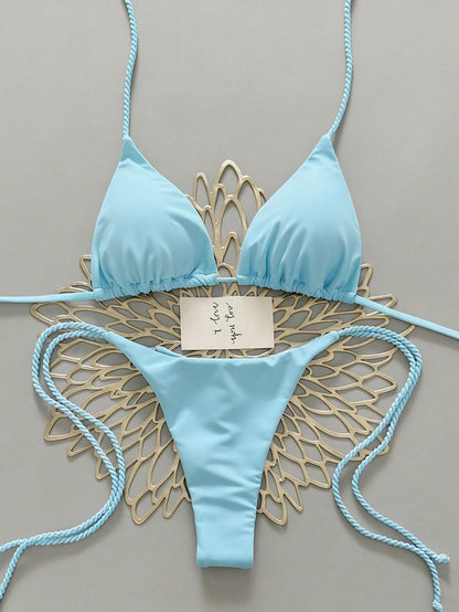 Swim Vcay 2pcs Women Swimwear Set, Mint Green Bikini With Handmade Rope Decor