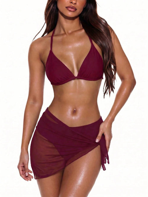 Swim Vcay 3-Piece Women Set: Solid Color Halter Tie Back Crop Top, Triangle Bikini Bottom, And Sheer Wrap Skirt For Summer Beach Vacation