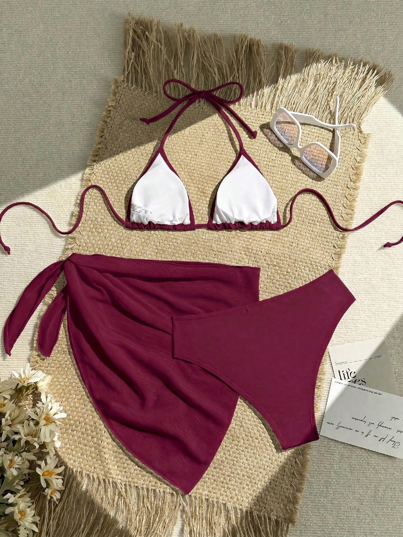Swim Vcay 3-Piece Women Set: Solid Color Halter Tie Back Crop Top, Triangle Bikini Bottom, And Sheer Wrap Skirt For Summer Beach Vacation