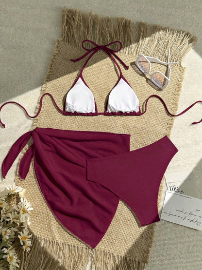 Swim Vcay 3-Piece Women Set: Solid Color Halter Tie Back Crop Top, Triangle Bikini Bottom, And Sheer Wrap Skirt For Summer Beach Vacation