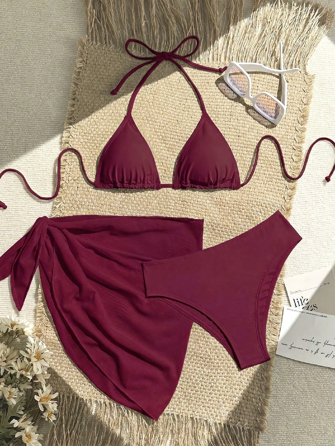 Swim Vcay 3-Piece Women Set: Solid Color Halter Tie Back Crop Top, Triangle Bikini Bottom, And Sheer Wrap Skirt For Summer Beach Vacation