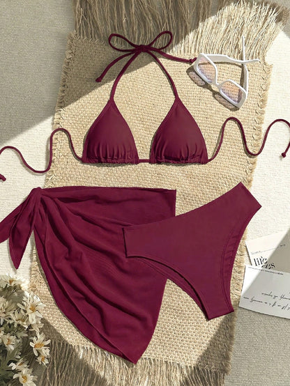 Swim Vcay 3-Piece Women Set: Solid Color Halter Tie Back Crop Top, Triangle Bikini Bottom, And Sheer Wrap Skirt For Summer Beach Vacation