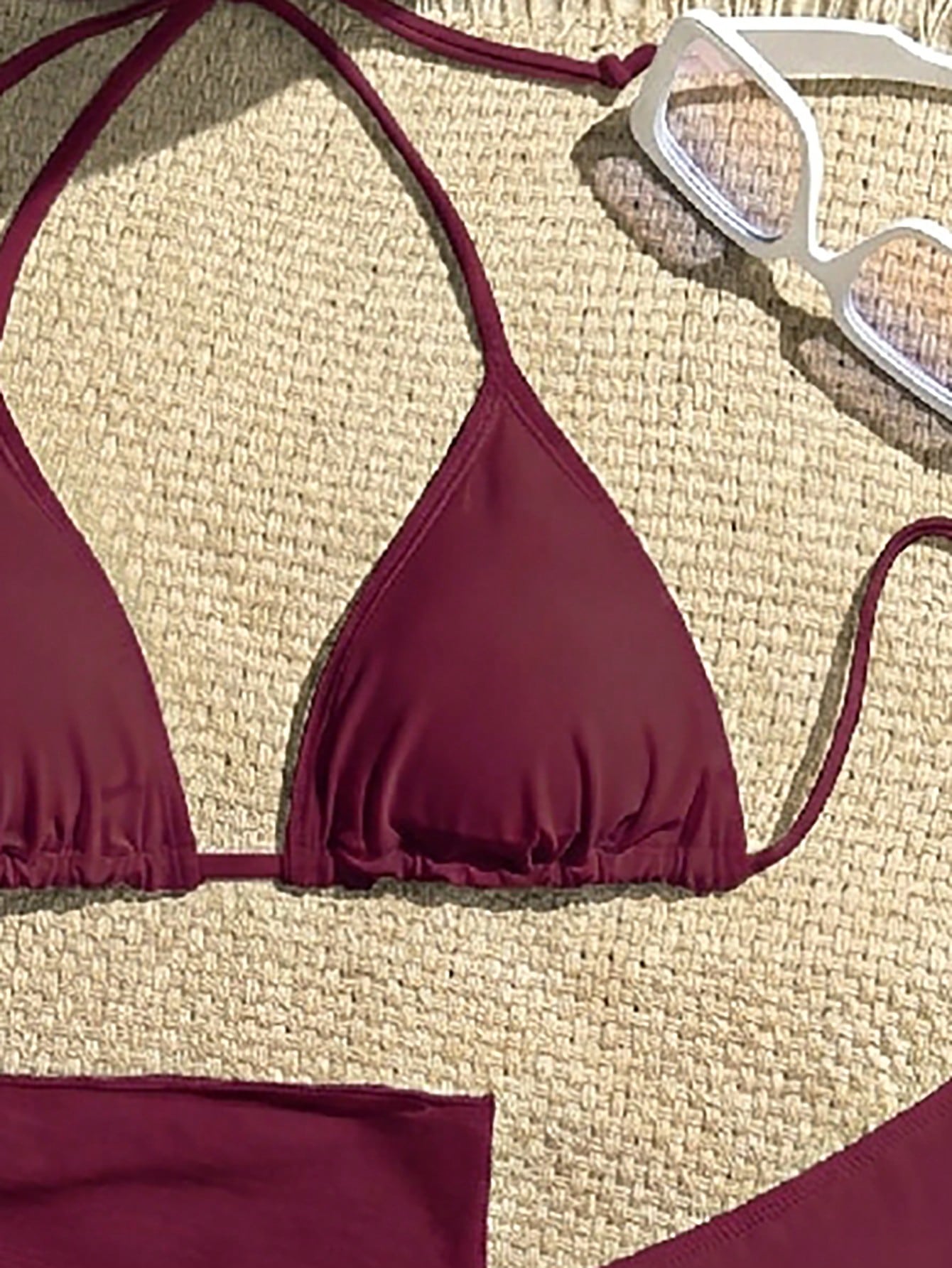 Swim Vcay 3-Piece Women Set: Solid Color Halter Tie Back Crop Top, Triangle Bikini Bottom, And Sheer Wrap Skirt For Summer Beach Vacation