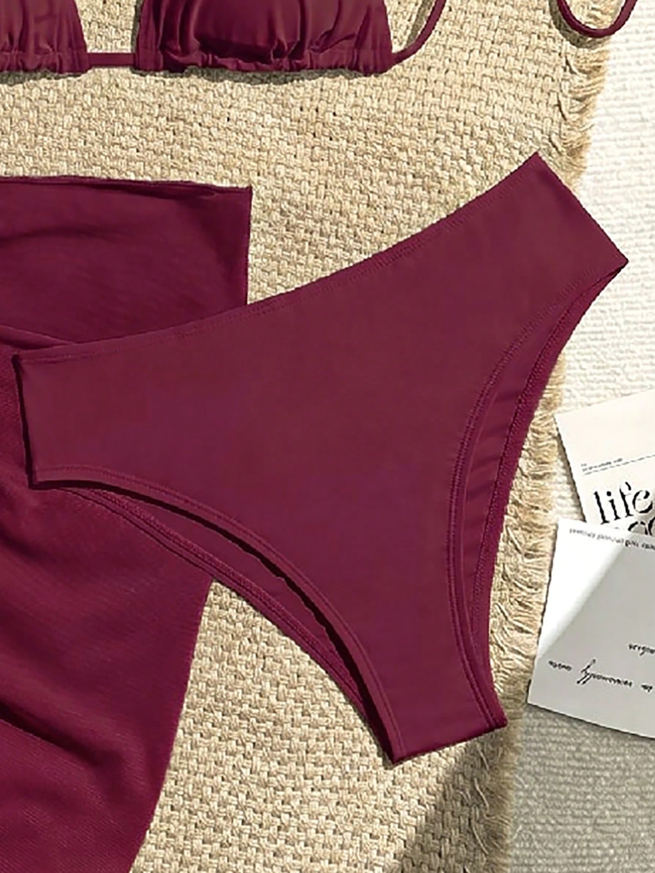 Swim Vcay 3-Piece Women Set: Solid Color Halter Tie Back Crop Top, Triangle Bikini Bottom, And Sheer Wrap Skirt For Summer Beach Vacation