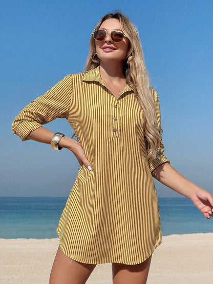 Swim Vcay Beach Dresses For Women Women's Mid-Length Striped Shirt Dress With Cuffed Sleeves Summer
