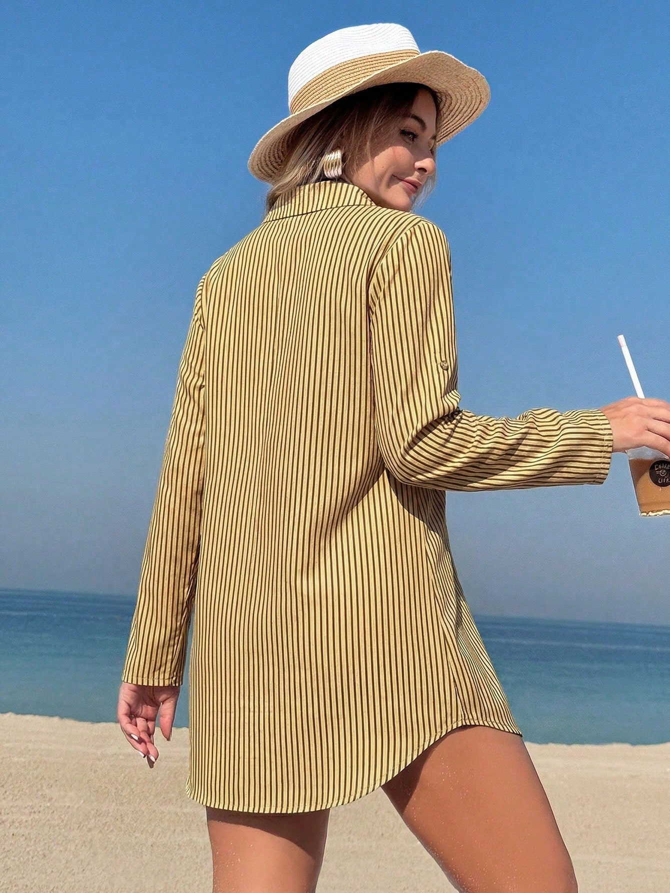 Swim Vcay Beach Dresses For Women Women's Mid-Length Striped Shirt Dress With Cuffed Sleeves Summer