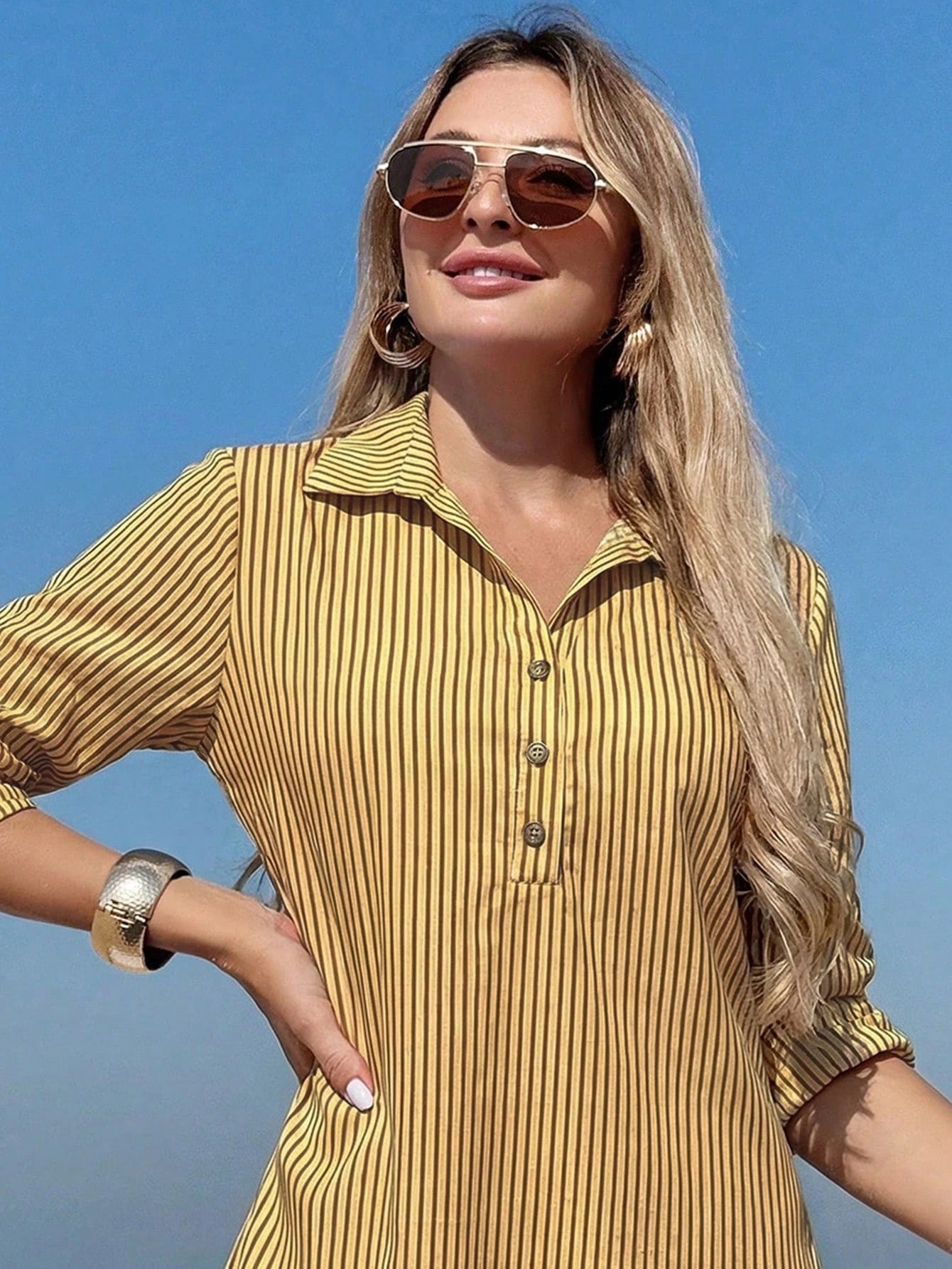 Swim Vcay Beach Dresses For Women Women's Mid-Length Striped Shirt Dress With Cuffed Sleeves Summer
