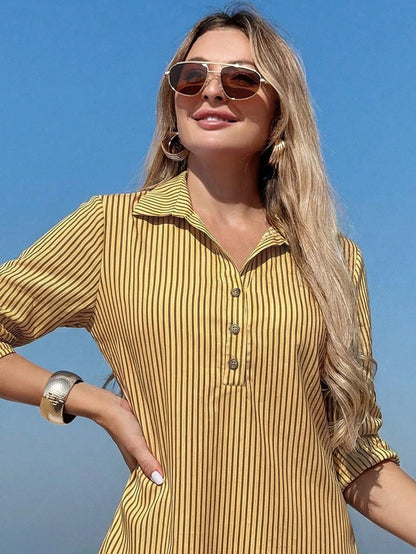 Swim Vcay Beach Dresses For Women Women's Mid-Length Striped Shirt Dress With Cuffed Sleeves Summer