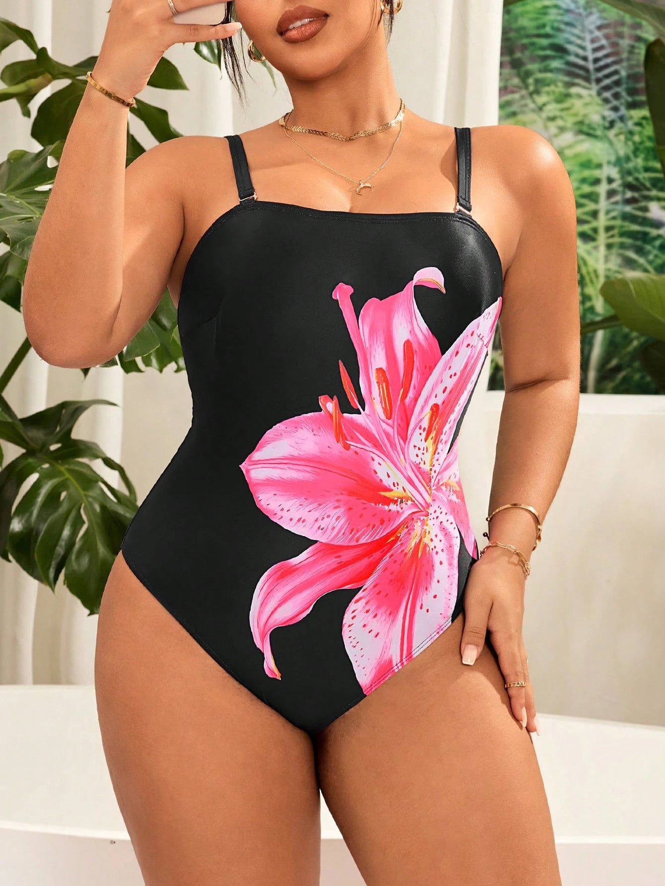 Swim Vcay Plus Size Women's Summer Lily Floral Removable Strap Monokini Beach Vacation Swimsuit