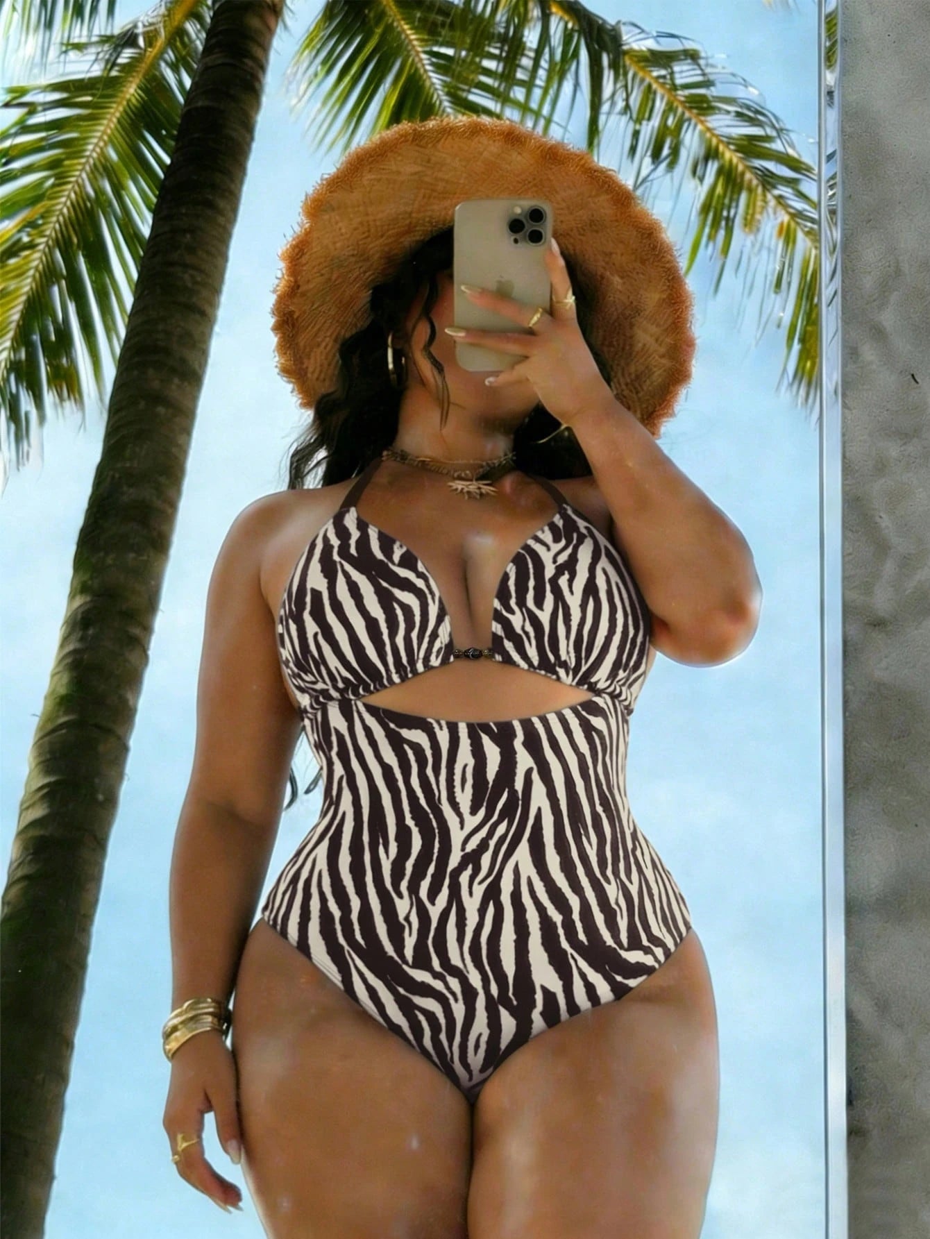 Swim Vcay Plus Size Women's Zebra Print Halter Deep V Hollow Out One-Piece Swimsuit,Elegant Beige Summer Beach Vacation Holiday Swimwear,Party Dress Clothing