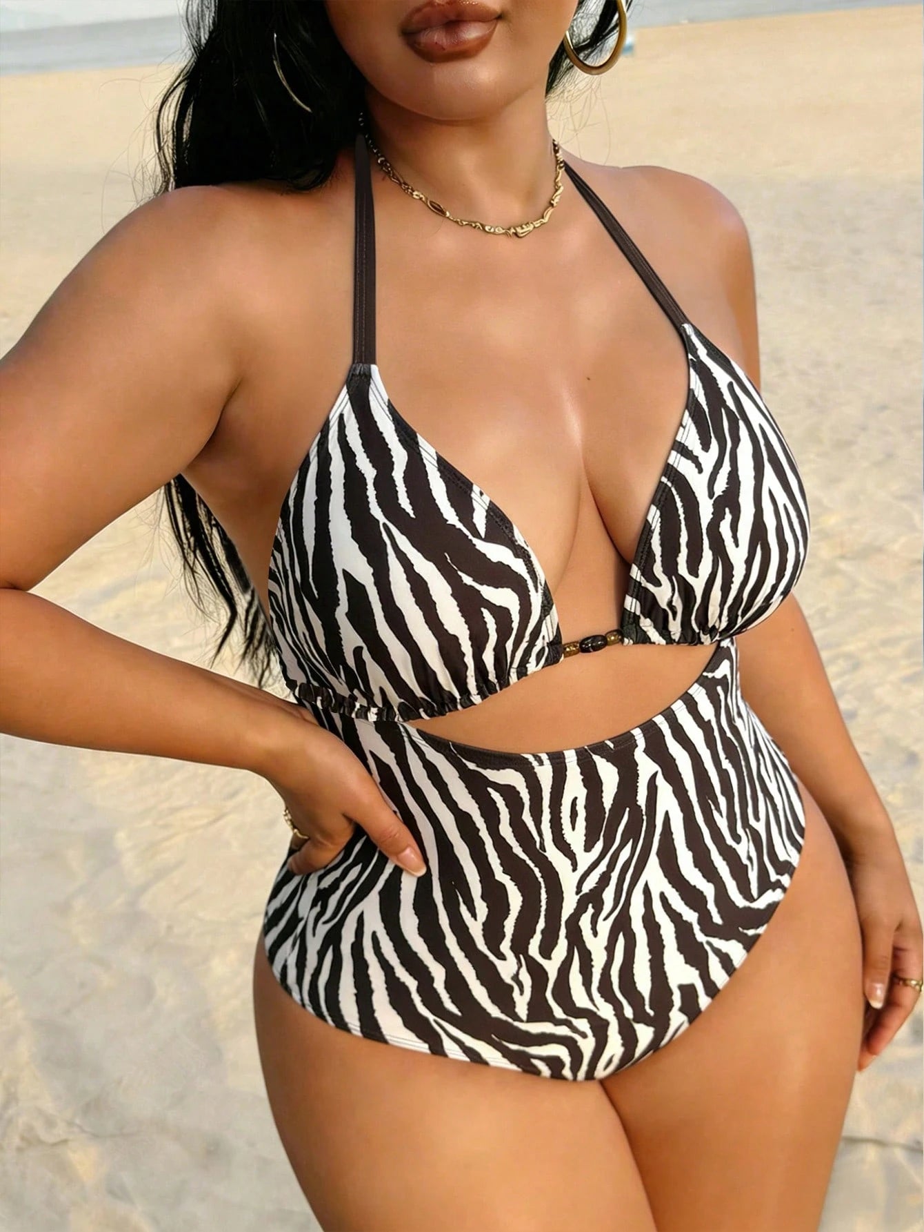 Swim Vcay Plus Size Women's Zebra Print Halter Deep V Hollow Out One-Piece Swimsuit,Elegant Beige Summer Beach Vacation Holiday Swimwear,Party Dress Clothing
