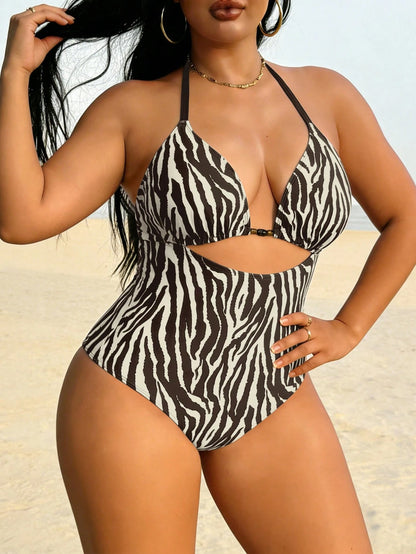 Swim Vcay Plus Size Women's Zebra Print Halter Deep V Hollow Out One-Piece Swimsuit,Elegant Beige Summer Beach Vacation Holiday Swimwear,Party Dress Clothing