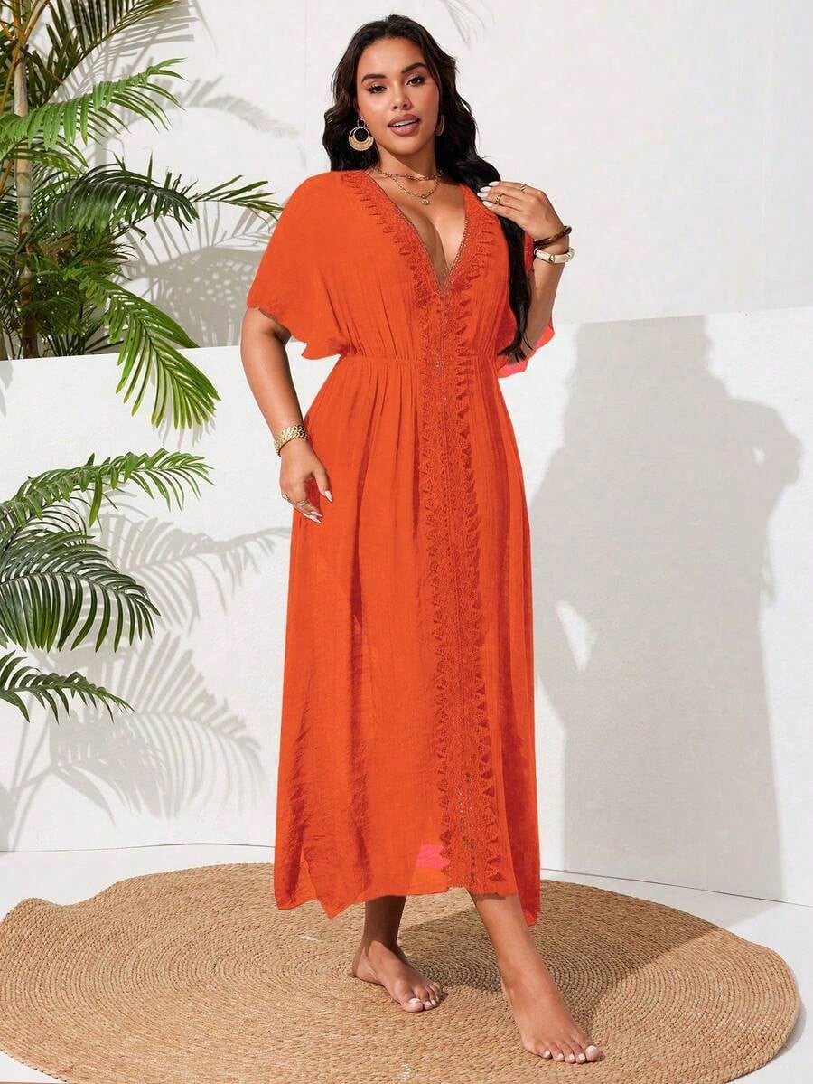 Swim Vcay Plus Size Women Single Design Side Split Lace Patchwork Sexy Casual Holiday Beach Dress For Summer Beach Vacation