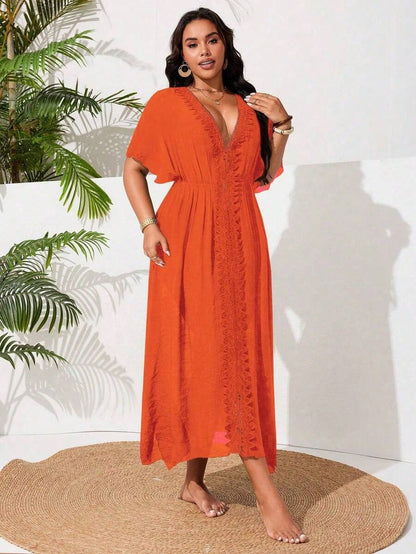 Swim Vcay Plus Size Women Single Design Side Split Lace Patchwork Sexy Casual Holiday Beach Dress For Summer Beach Vacation