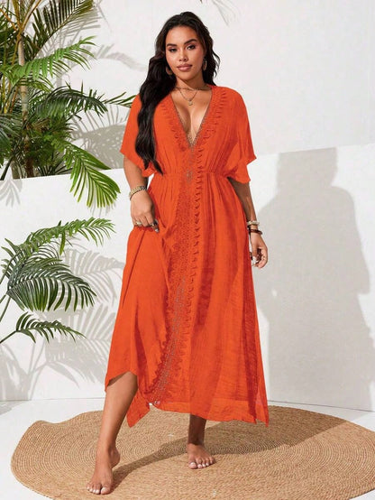 Swim Vcay Plus Size Women Single Design Side Split Lace Patchwork Sexy Casual Holiday Beach Dress For Summer Beach Vacation