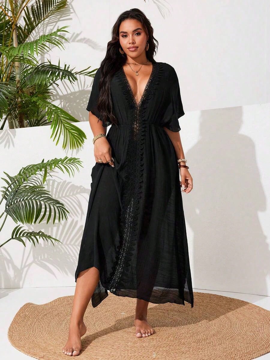 Swim Vcay Plus Size Women Single Design Side Split Lace Patchwork Sexy Casual Holiday Beach Dress For Summer Beach Vacation