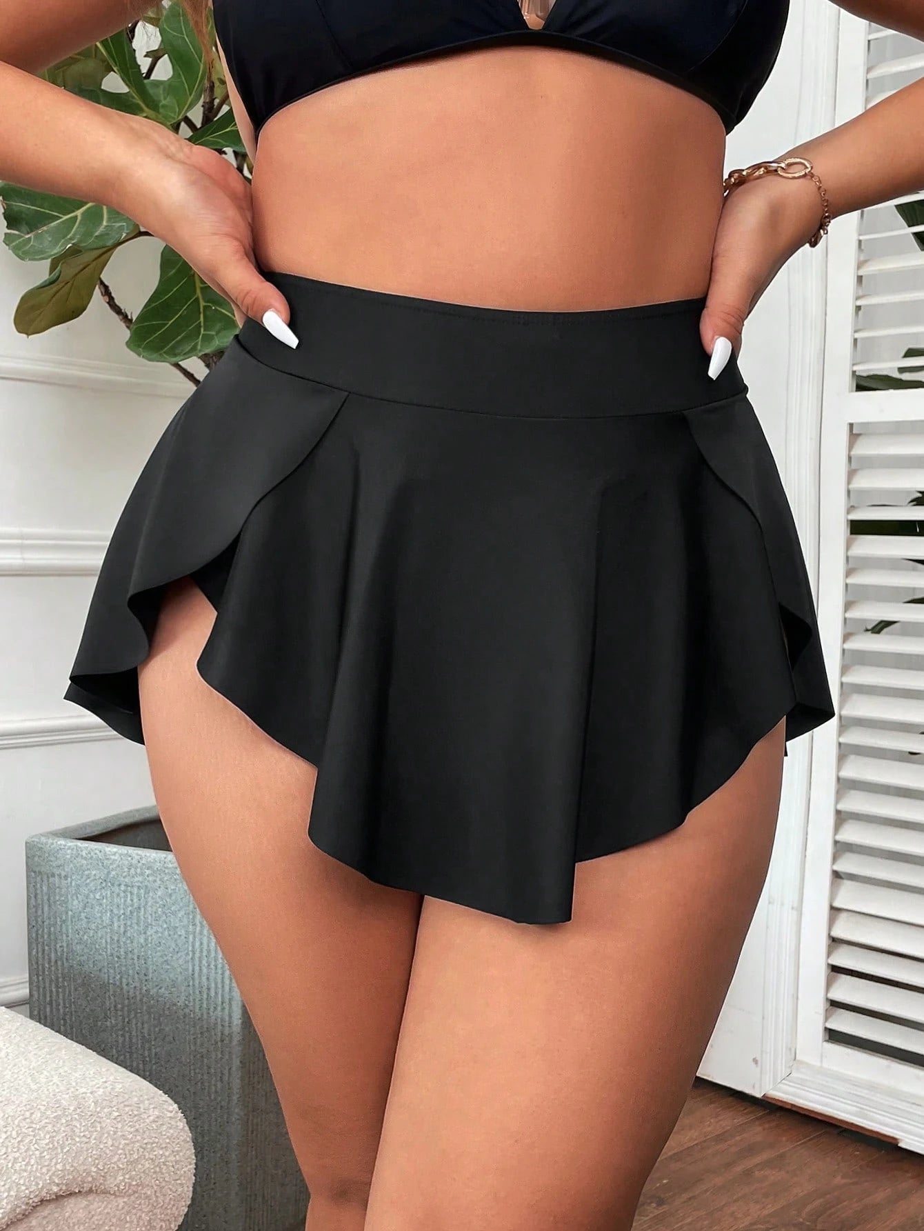 Swim Vcay Plus Size Women Summer Beach Solid Color Bikini Bottom With Ruffled Hem