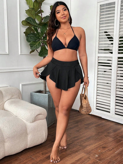 Swim Vcay Plus Size Women Summer Beach Solid Color Bikini Bottom With Ruffled Hem