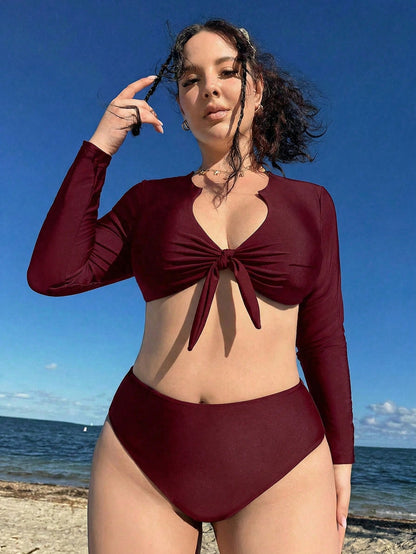 Swim Vcay Plus Size Women Summer Beach Solid Color Long Sleeve Top And Triangle Bikini Bottom Swimwear Set