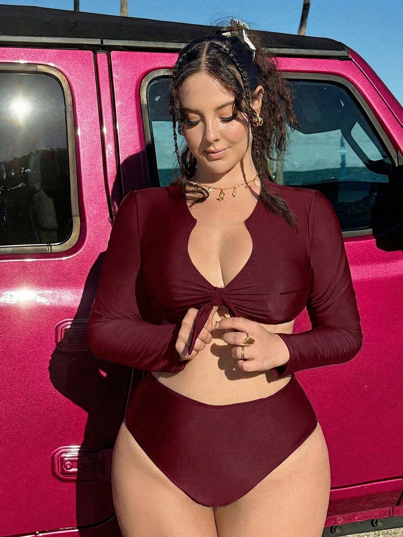 Swim Vcay Plus Size Women Summer Beach Solid Color Long Sleeve Top And Triangle Bikini Bottom Swimwear Set
