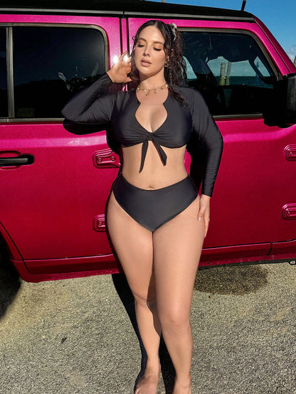 Swim Vcay Plus Size Women Summer Beach Solid Color Long Sleeve Top And Triangle Bikini Bottom Swimwear Set