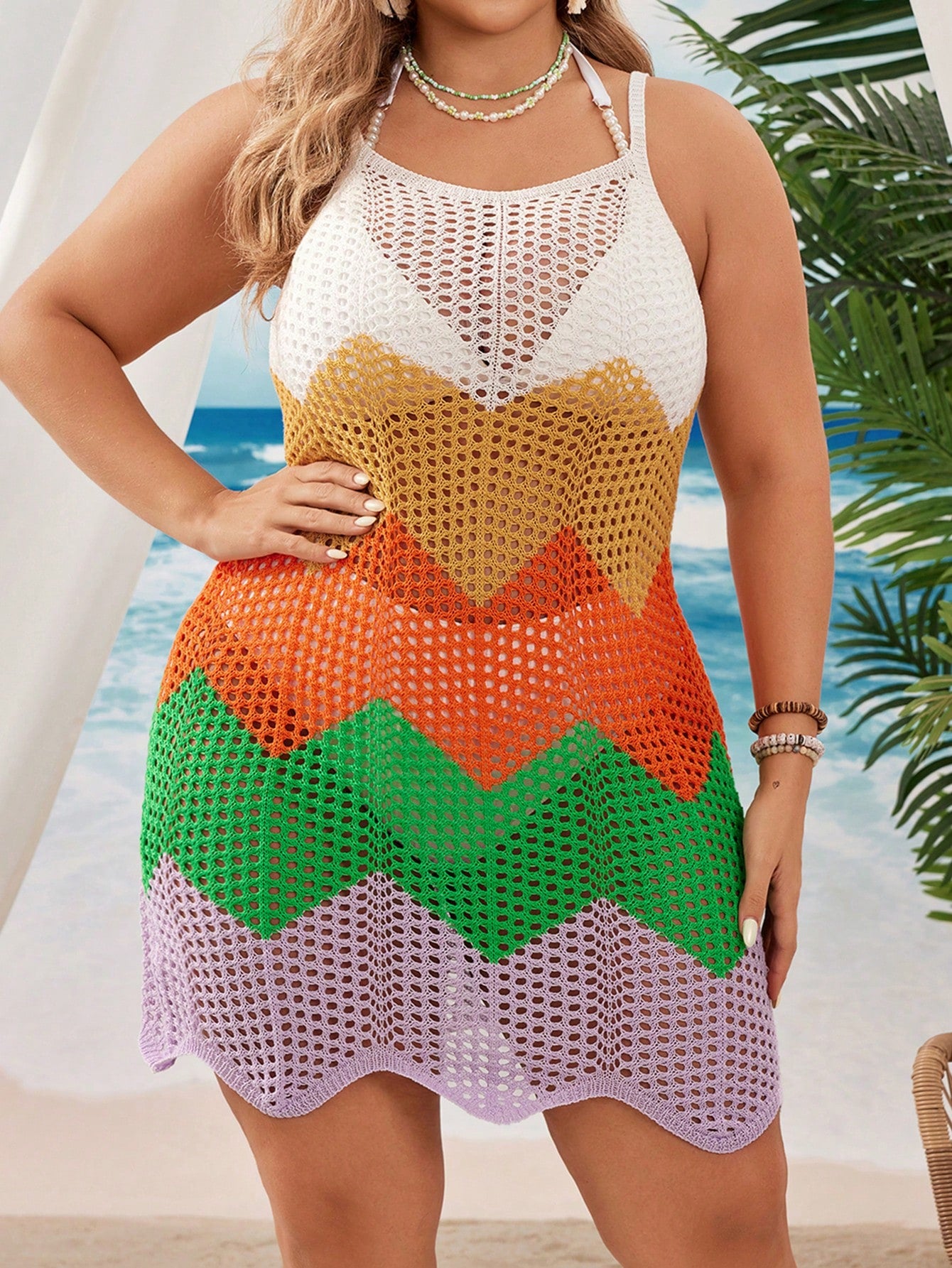 Swim Vcay Plus Size Women Summer Vacation Beach Hollow-Out Knit Cover-Up Dress