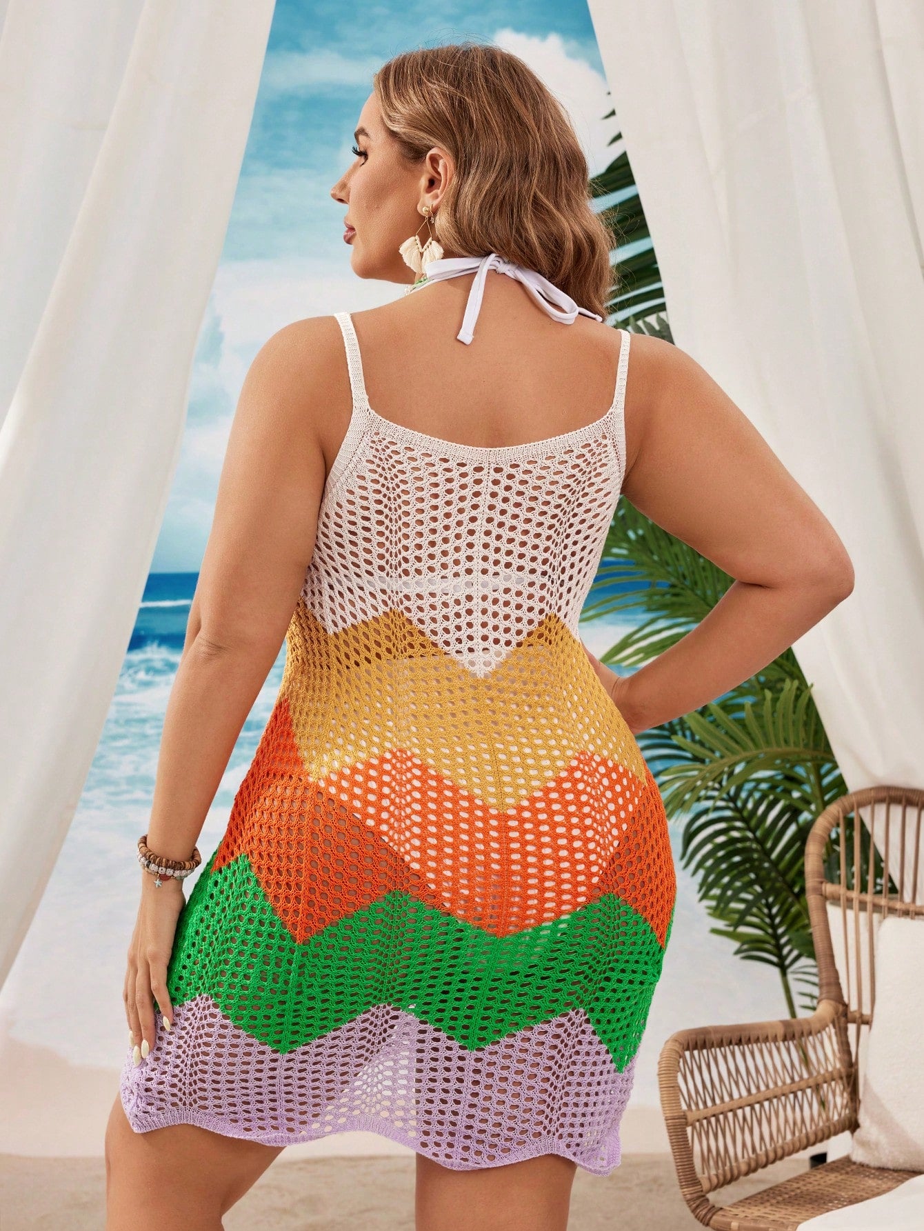 Swim Vcay Plus Size Women Summer Vacation Beach Hollow-Out Knit Cover-Up Dress