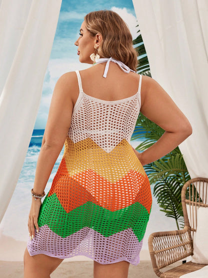 Swim Vcay Plus Size Women Summer Vacation Beach Hollow-Out Knit Cover-Up Dress