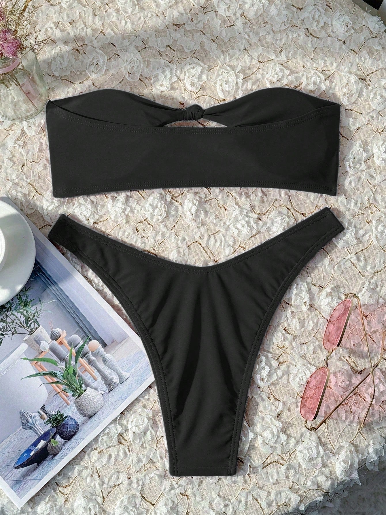 Swim Vcay Solid Color Bikini Swimming Suit For Beach Vacation, Strapless, Wireless For Summer