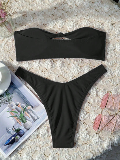 Swim Vcay Solid Color Bikini Swimming Suit For Beach Vacation, Strapless, Wireless For Summer