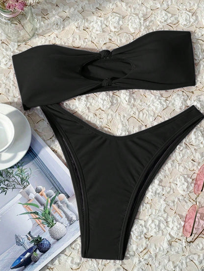 Swim Vcay Solid Color Bikini Swimming Suit For Beach Vacation, Strapless, Wireless For Summer