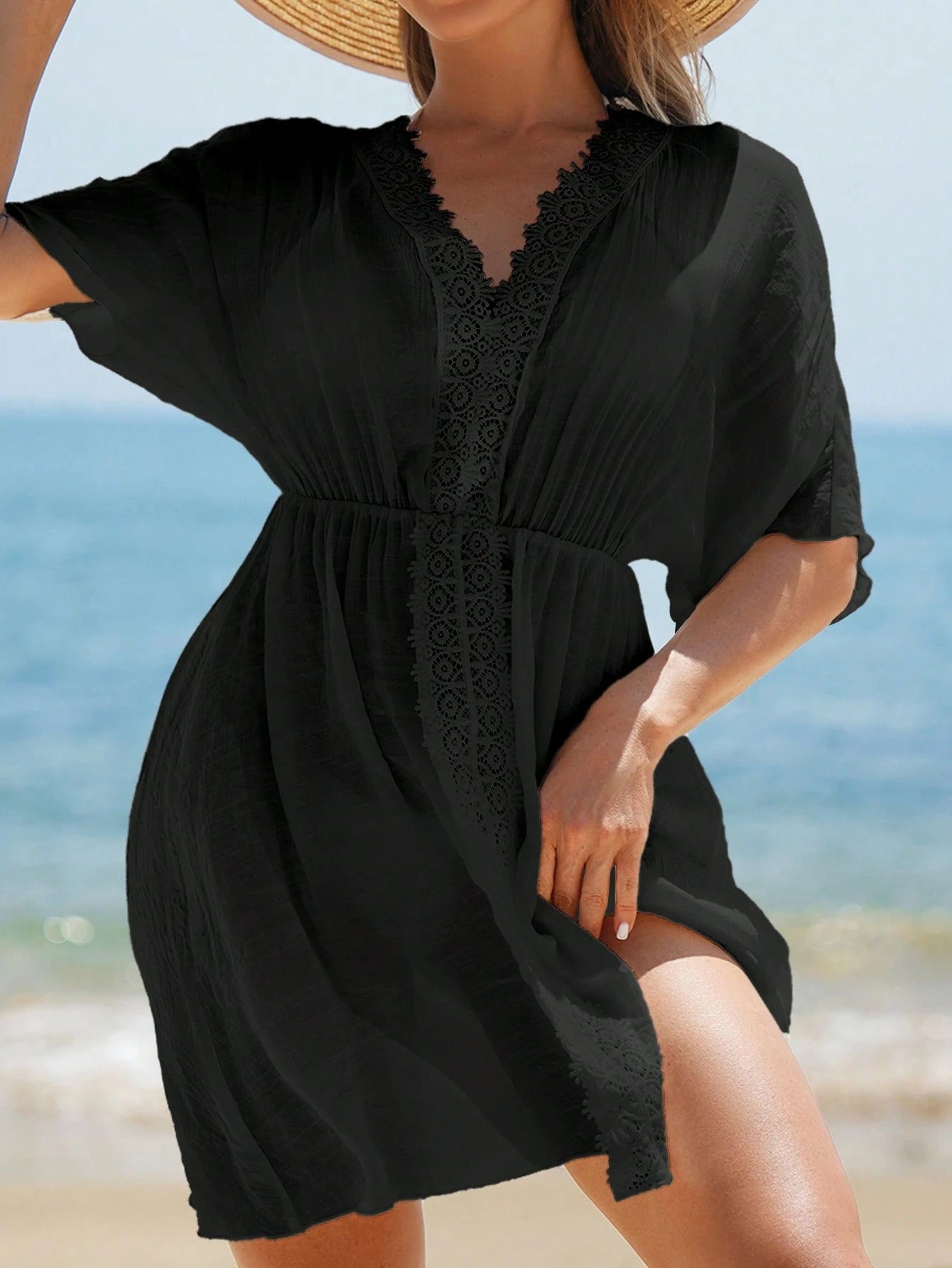 Swim Vcay Summer Outfits For Women Contrast Guipure Lace Cover Up Dress For Summer Beach