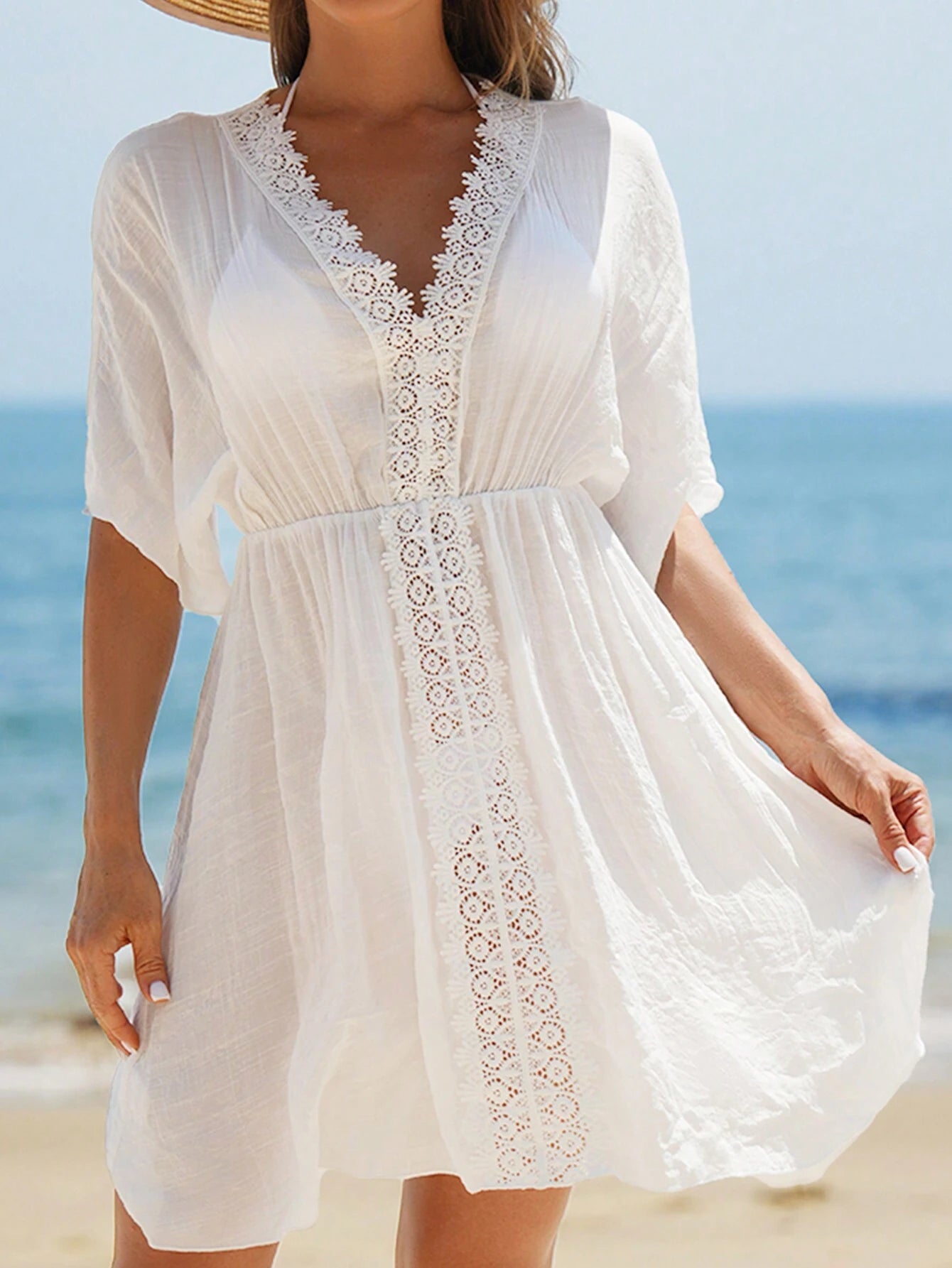 Swim Vcay Summer Outfits For Women Contrast Guipure Lace Cover Up Dress For Summer Beach