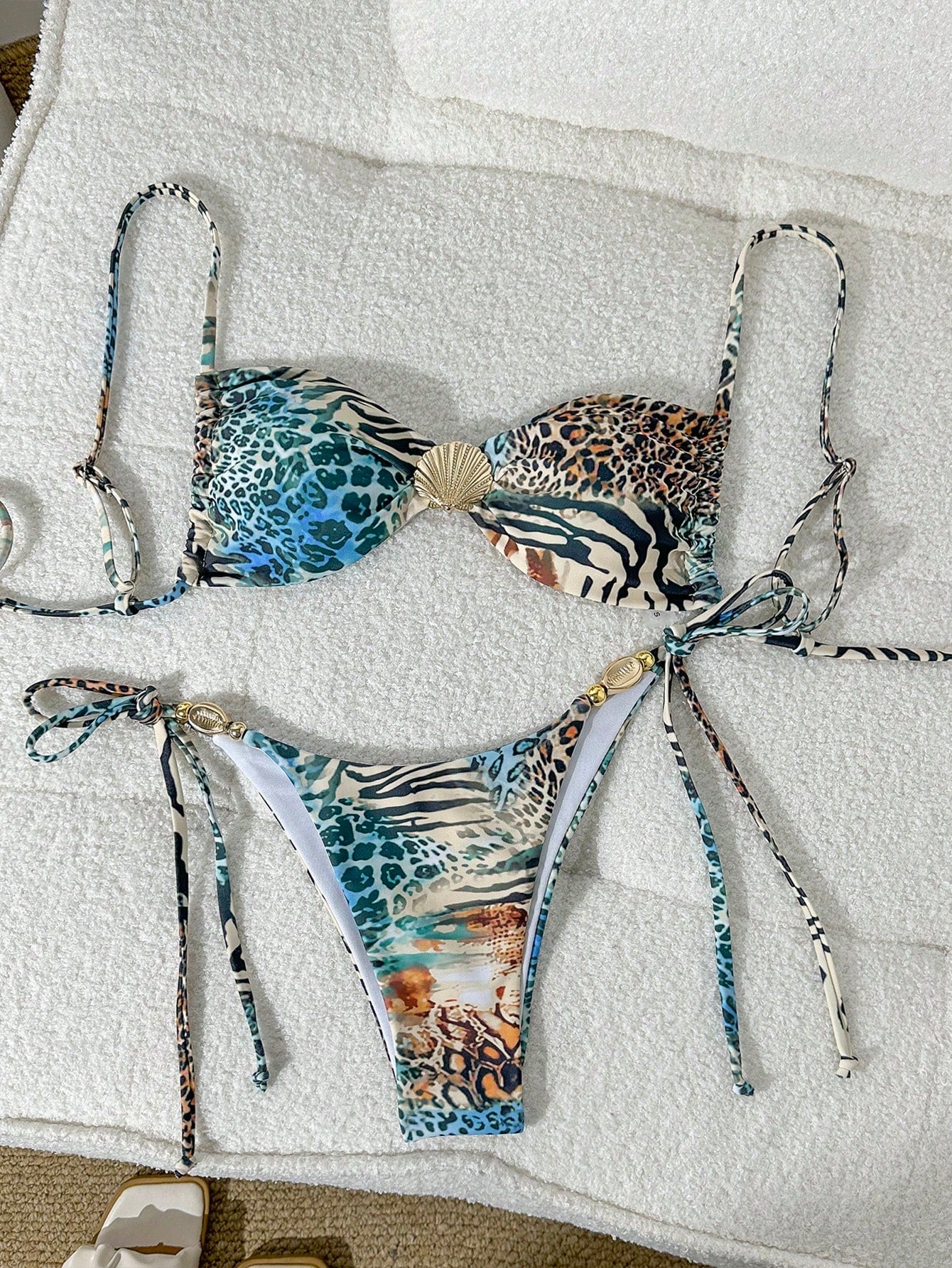 Swim Vcay Women Beach Summer Outfit, Multi-Color Adjustable Strap Wireless Shell Decor Top And Side Tie Bottom Spaghetti Strap Bikini Set, Bathing Suit