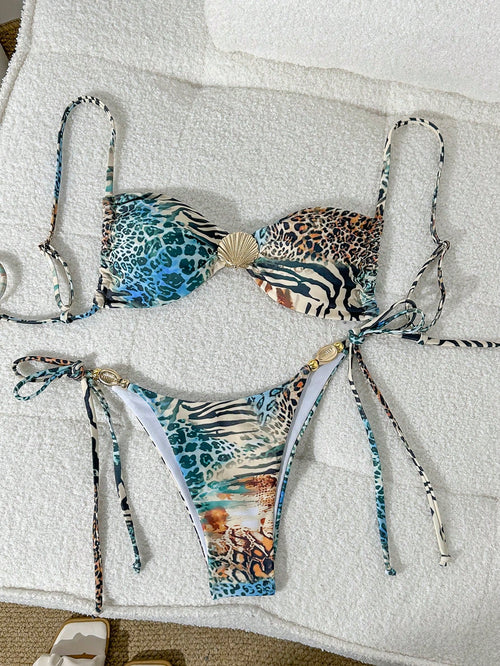 Swim Vcay Women Beach Summer Outfit, Multi-Color Adjustable Strap Wireless Shell Decor Top And Side Tie Bottom Spaghetti Strap Bikini Set, Bathing Suit