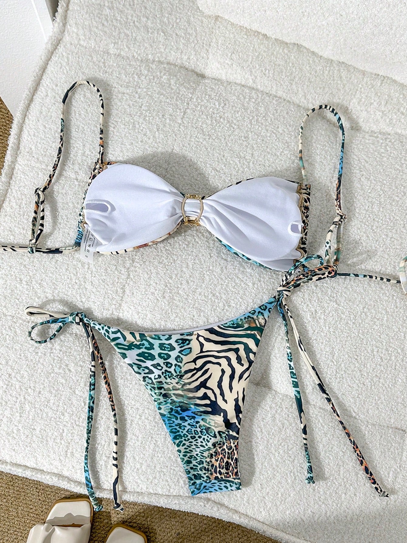 Swim Vcay Women Beach Summer Outfit, Multi-Color Adjustable Strap Wireless Shell Decor Top And Side Tie Bottom Spaghetti Strap Bikini Set, Bathing Suit