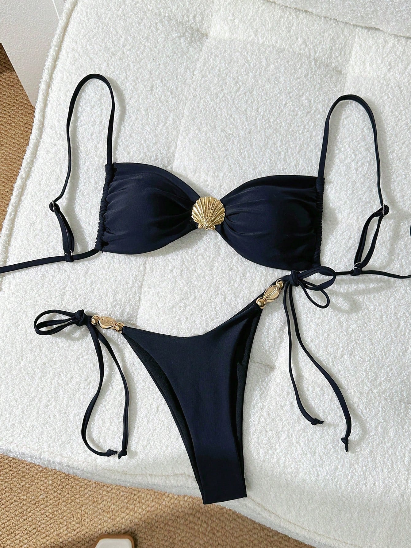 Swim Vcay Women Beach Summer Outfit, Multi-Color Adjustable Strap Wireless Shell Decor Top And Side Tie Bottom Spaghetti Strap Bikini Set, Bathing Suit