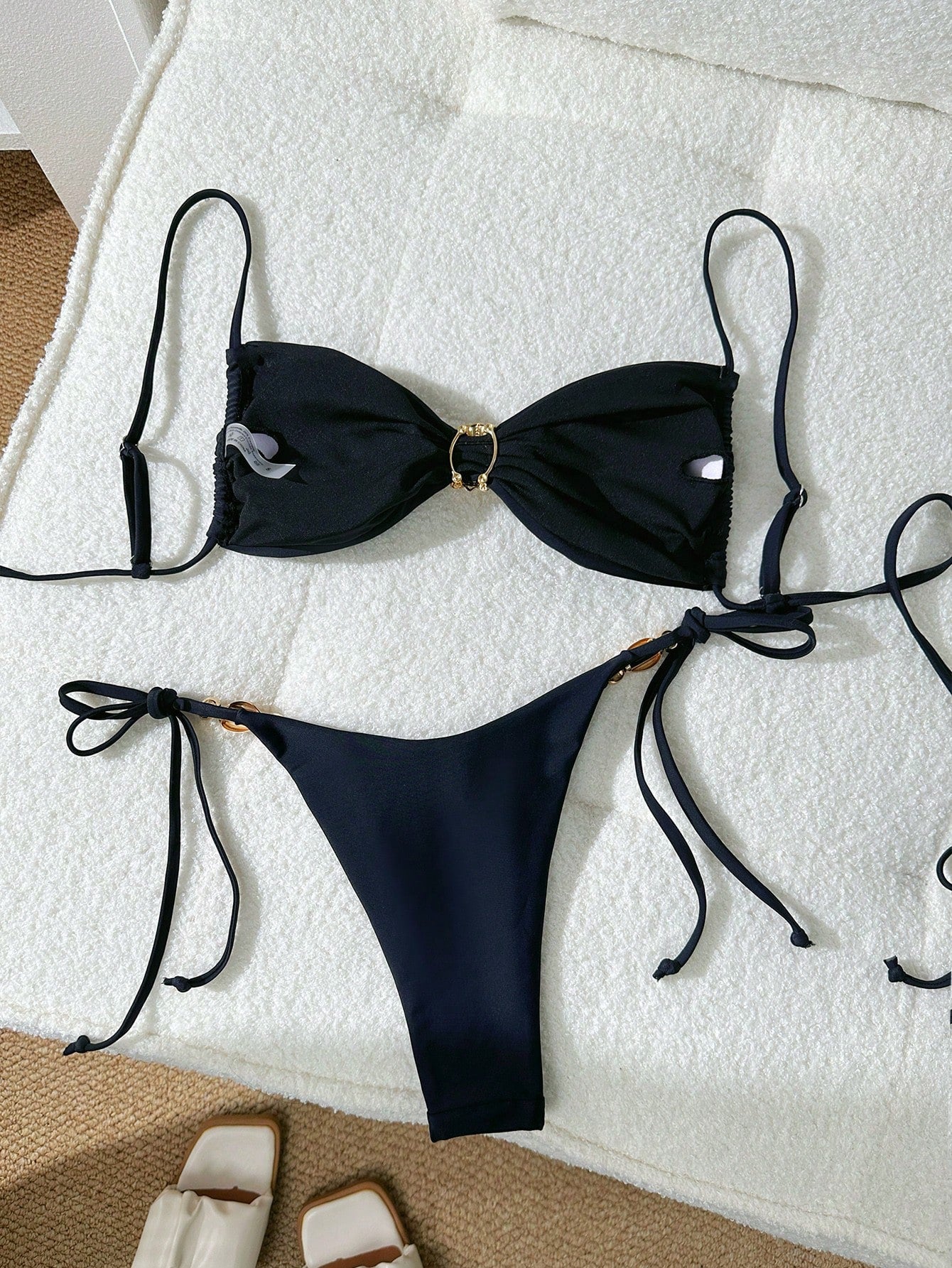 Swim Vcay Women Beach Summer Outfit, Multi-Color Adjustable Strap Wireless Shell Decor Top And Side Tie Bottom Spaghetti Strap Bikini Set, Bathing Suit