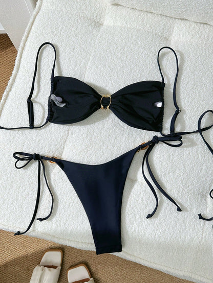 Swim Vcay Women Beach Summer Outfit, Multi-Color Adjustable Strap Wireless Shell Decor Top And Side Tie Bottom Spaghetti Strap Bikini Set, Bathing Suit