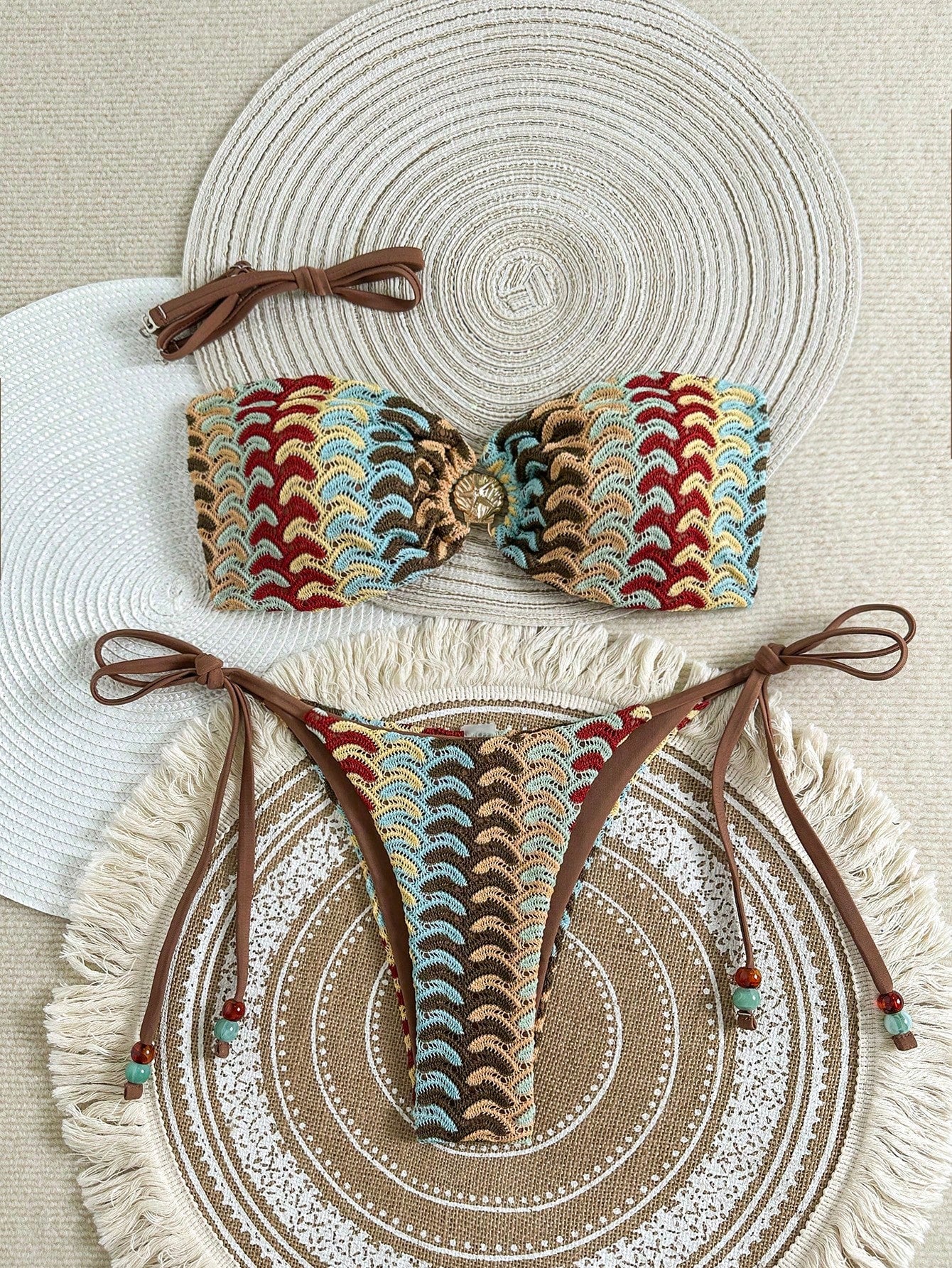 Swim Vcay Women's 2-Piece Beige Summer Boho Beach Vacation Holiday Holiday Bikini Set,Colorful Hollow-Out Knit Crochet Starfish Decor Strapless Top & Bottoms