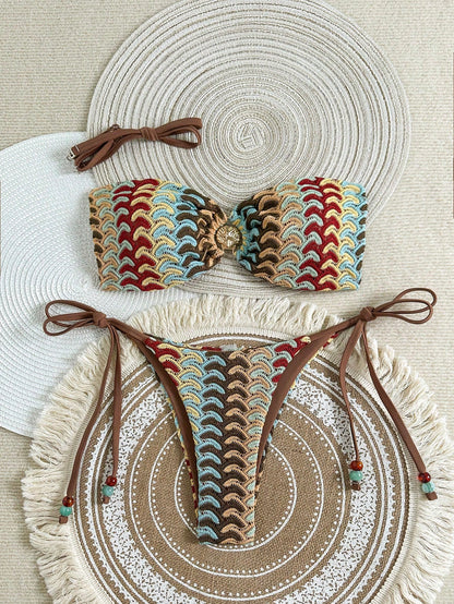 Swim Vcay Women's 2-Piece Beige Summer Boho Beach Vacation Holiday Holiday Bikini Set,Colorful Hollow-Out Knit Crochet Starfish Decor Strapless Top & Bottoms